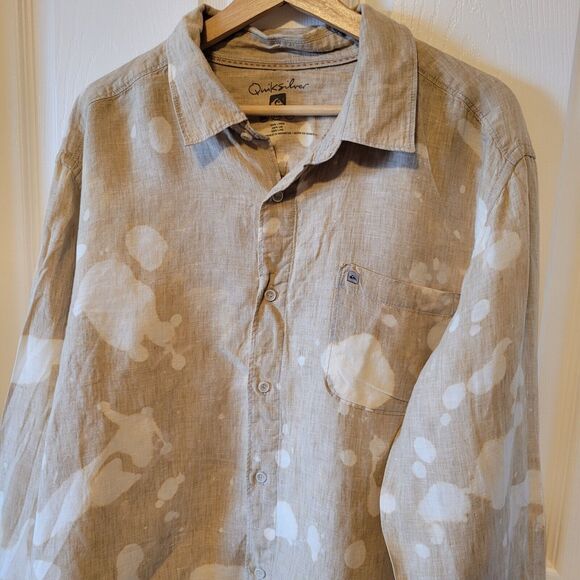 Quiksilver Shirt Mens XXL Tan Linen Tie Dye Bleached Y2K Long Sleeve Beach - Picture 2 of 13